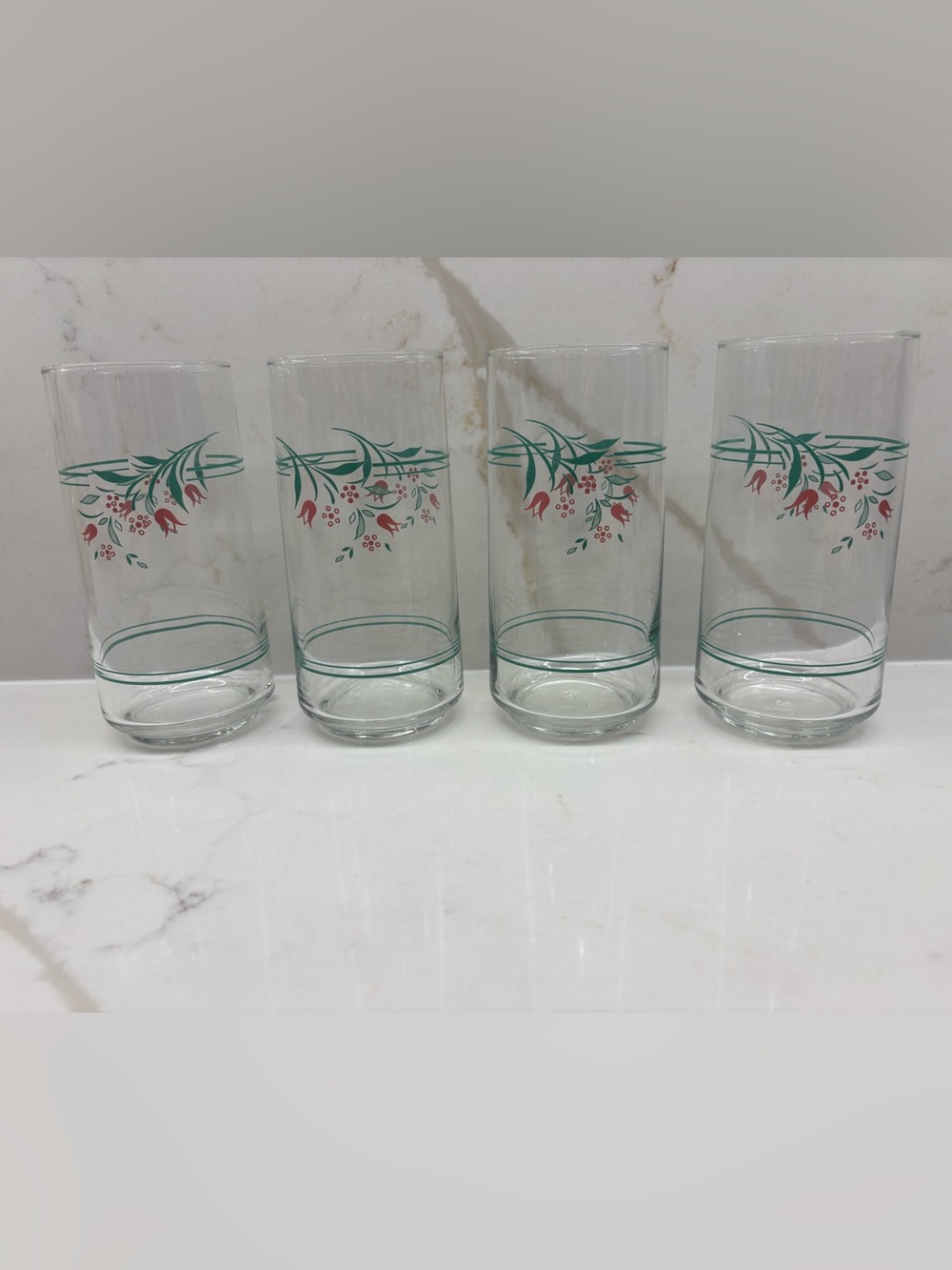 4 Vintage 1980s Corelle Rosemarie Pink Floral Green Stripe Drinking Glasses